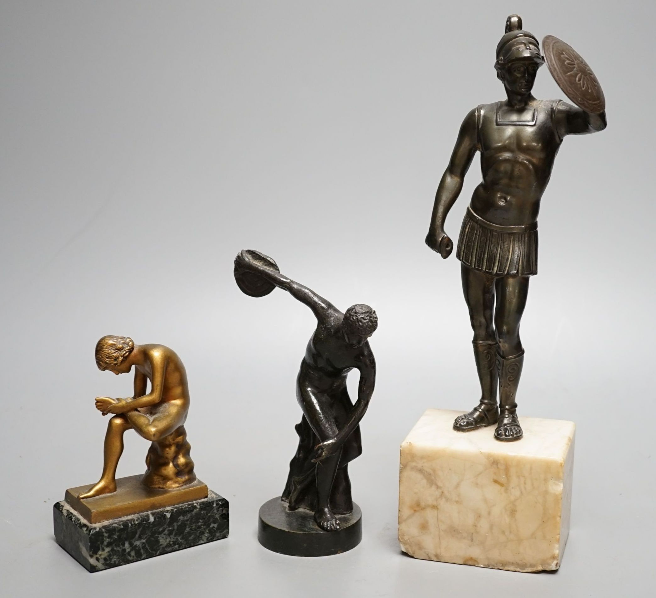 After the antique bronze discus thrower, boy with thorn in foot and spelter Greek warrior (3) - tallest 27cm